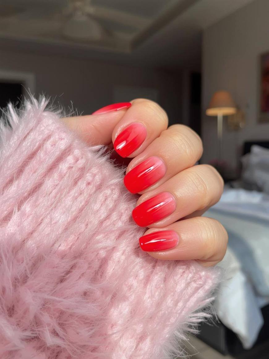 A hand with red ombre, glossy manicured nails is held up, partially covered by a pink, fluffy sweater sleeve. A cozy bedroom with soft lighting and blurred furnishings is visible in the background.