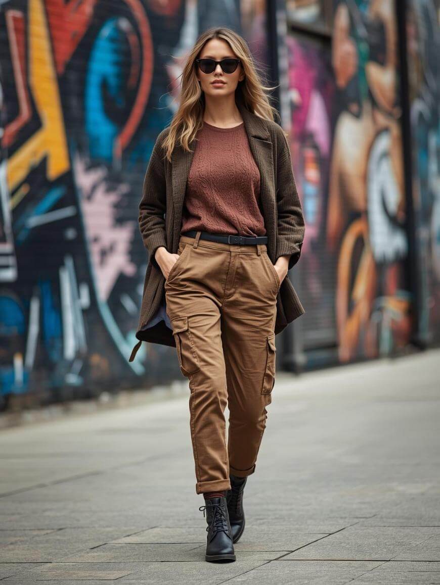 A woman wearing sunglasses, a brown sweater, cargo pants, and black boots walks confidently down a city street with colorful graffiti art on the walls behind her.