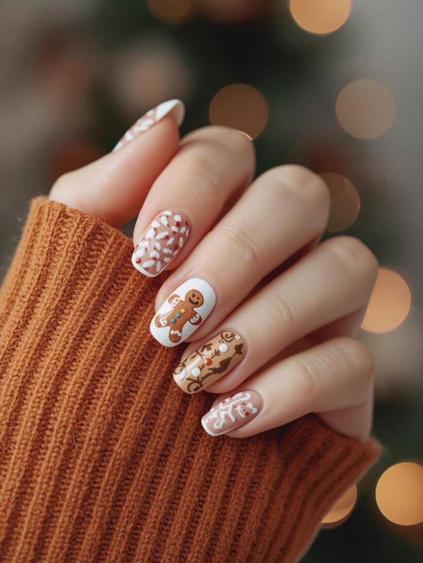 A hand with festive nail art featuring gingerbread men, white snowflakes, and swirls; the person is wearing a brown knit sweater, with blurred holiday lights in the background.
