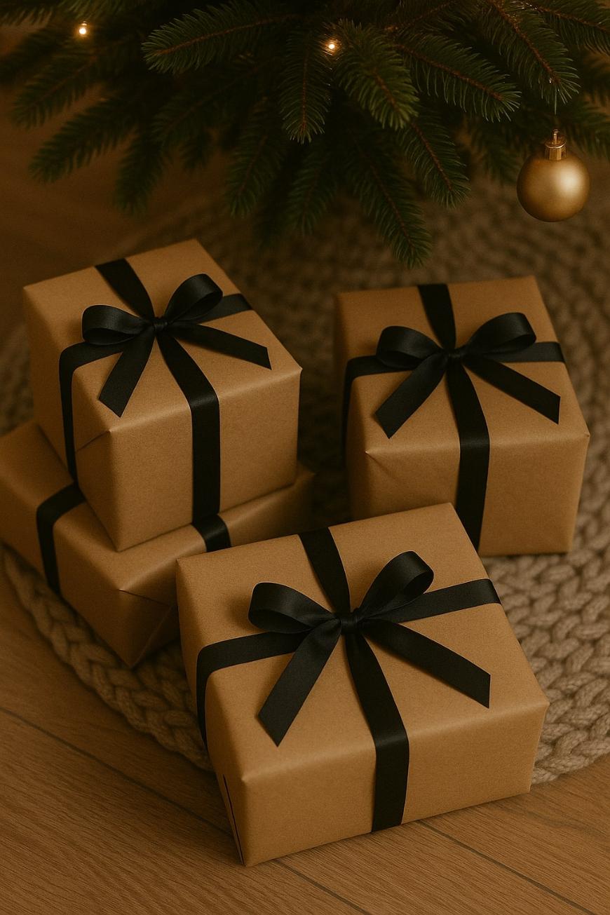 Four neatly wrapped gifts in brown paper with black ribbons are arranged on a knit rug under a Christmas tree, with a gold ornament hanging above.