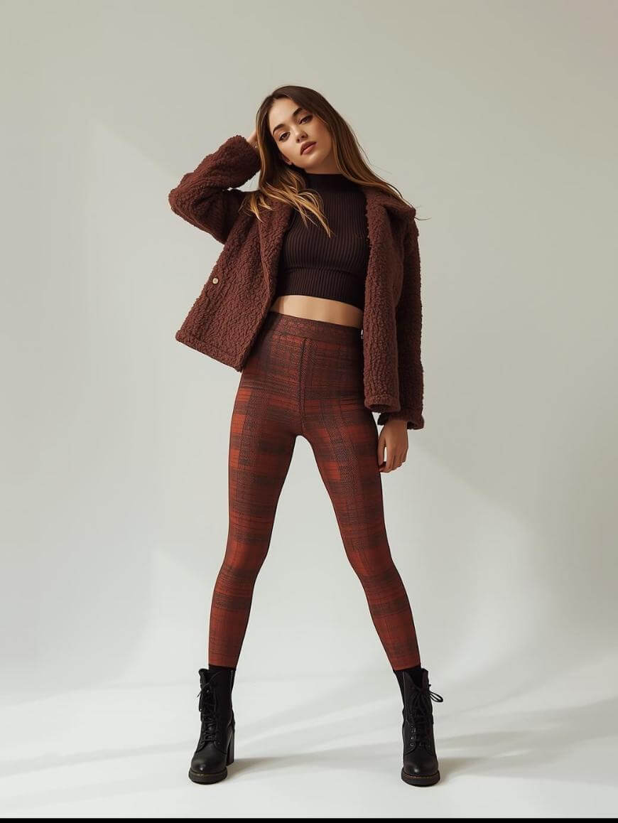 A woman stands confidently against a plain background wearing a brown textured jacket, a dark brown crop top, red and brown plaid leggings, and black lace-up ankle boots.