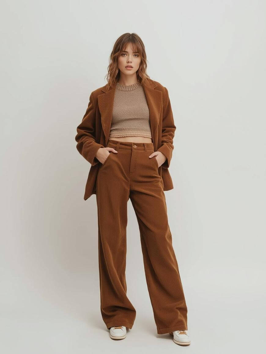 A woman stands against a plain light background, wearing a brown corduroy suit with wide-leg pants, a matching blazer, a beige knit sweater, and white sneakers. Her hands are in her pockets, and she looks confidently at the camera.