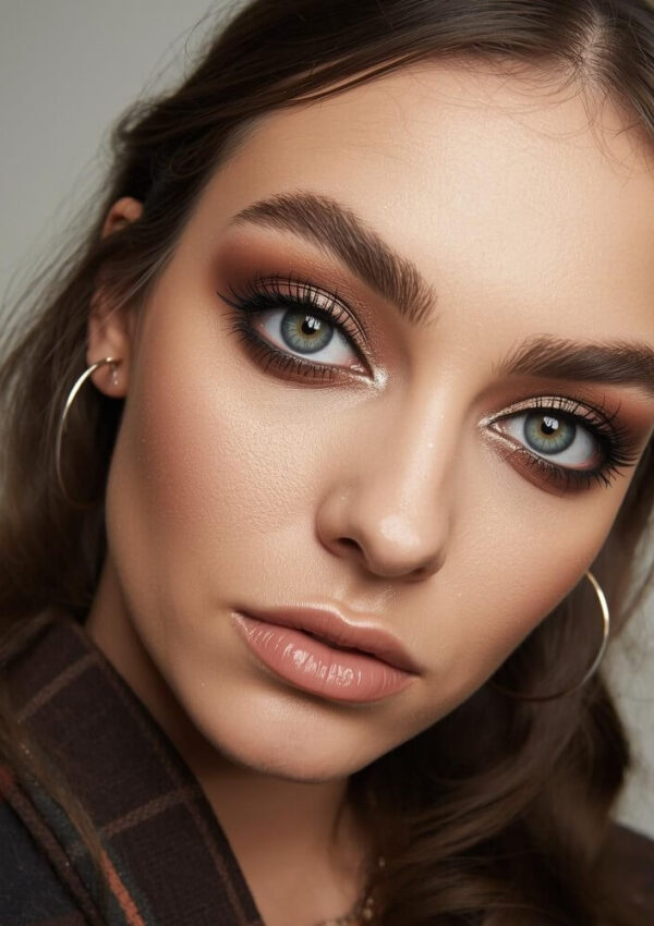 A young woman with striking blue-green eyes, bold eyebrows, and dramatic brown and gold eye makeup. She wears nude lipstick, hoop earrings, and a plaid garment, gazing confidently at the camera.