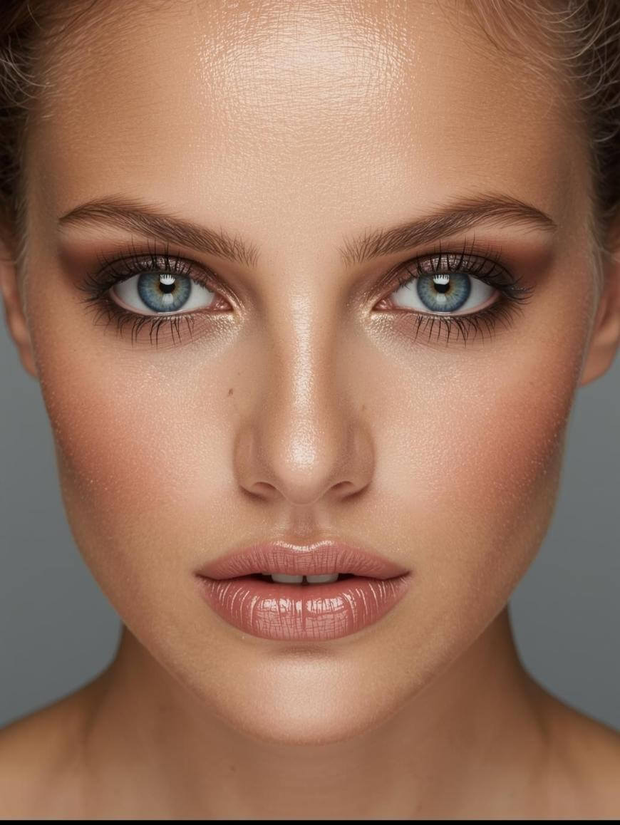 A close-up of a woman with flawless, glowing skin, blue eyes, defined brows, long lashes, and nude glossy lips. The makeup is natural yet glamorous, highlighting her features against a plain gray background.