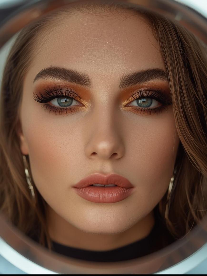 Close-up of a woman with blue eyes, full lips, and long eyelashes, wearing bold, warm-toned eye makeup and nude lipstick, framed by a circular ring light.