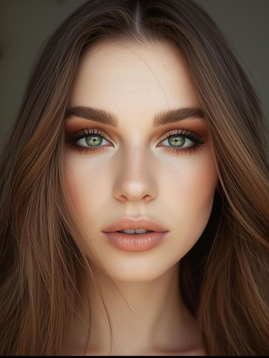 A woman with long brown hair and striking green eyes looks directly at the camera. She has flawless skin, bold eyebrows, and is wearing natural-toned makeup with smoky eye shadow and nude lipstick.