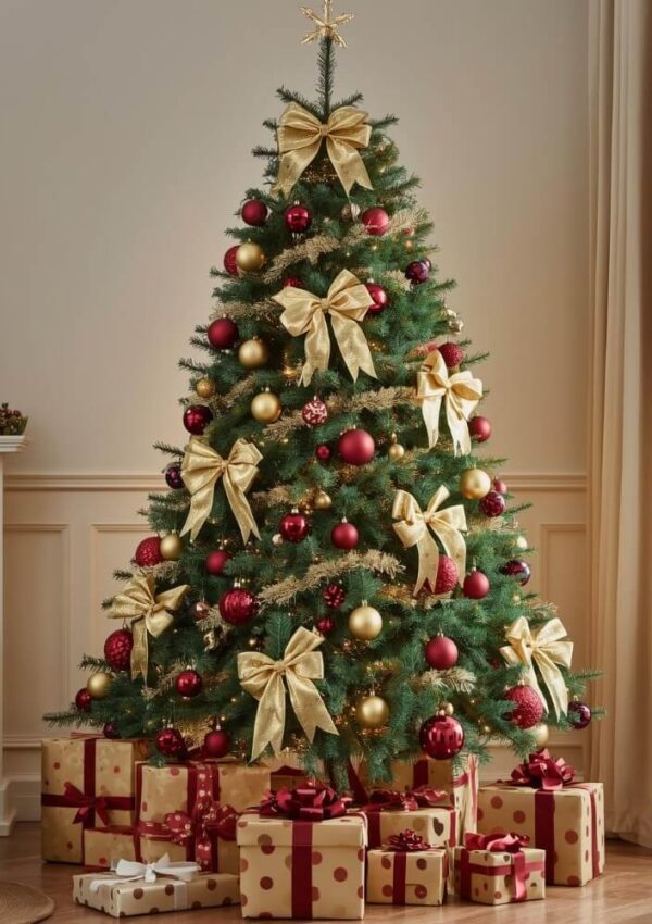 A decorated Christmas tree with gold bows, red and gold ornaments, and a star on top, surrounded by wrapped presents in gold and red paper, stands in a cozy living room with light walls and wood flooring.