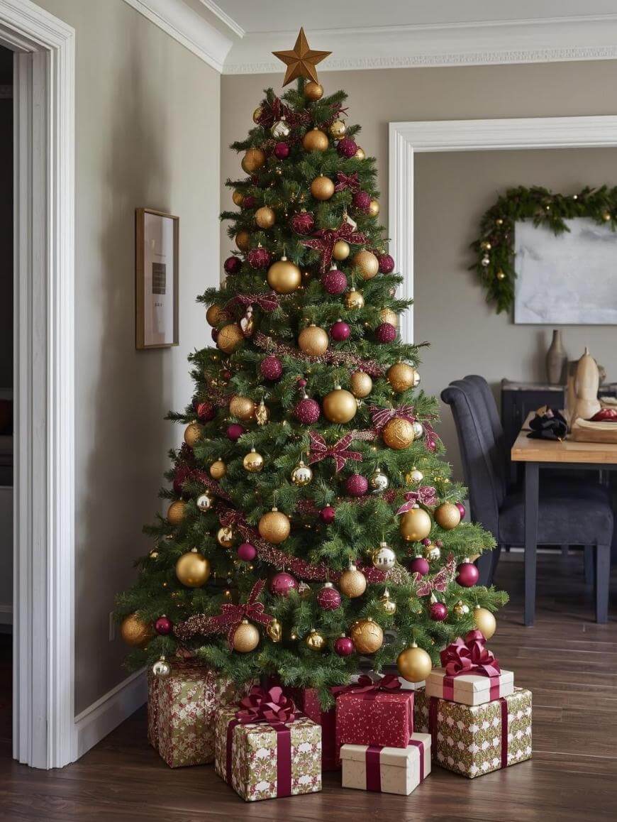 A decorated Christmas tree with gold and red ornaments stands in a living room, topped with a gold star. Wrapped gifts with bows are underneath the tree. A dining table and a wreath are visible in the background.