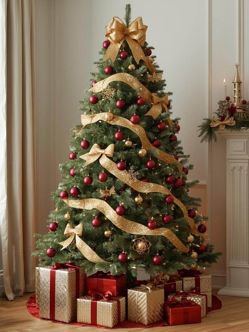 A Christmas tree decorated with gold ribbon, red and gold ornaments, and a large gold bow on top. Wrapped presents in red and gold paper are arranged at the base of the tree in a cozy living room setting.