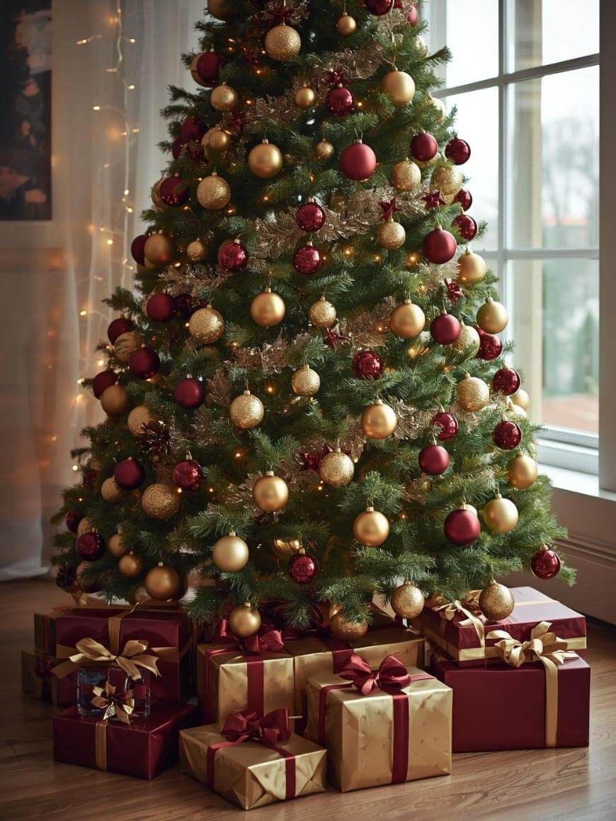 A decorated Christmas tree with gold and red ornaments stands by a window, surrounded by wrapped gifts in gold and red paper with matching ribbons on a wooden floor.