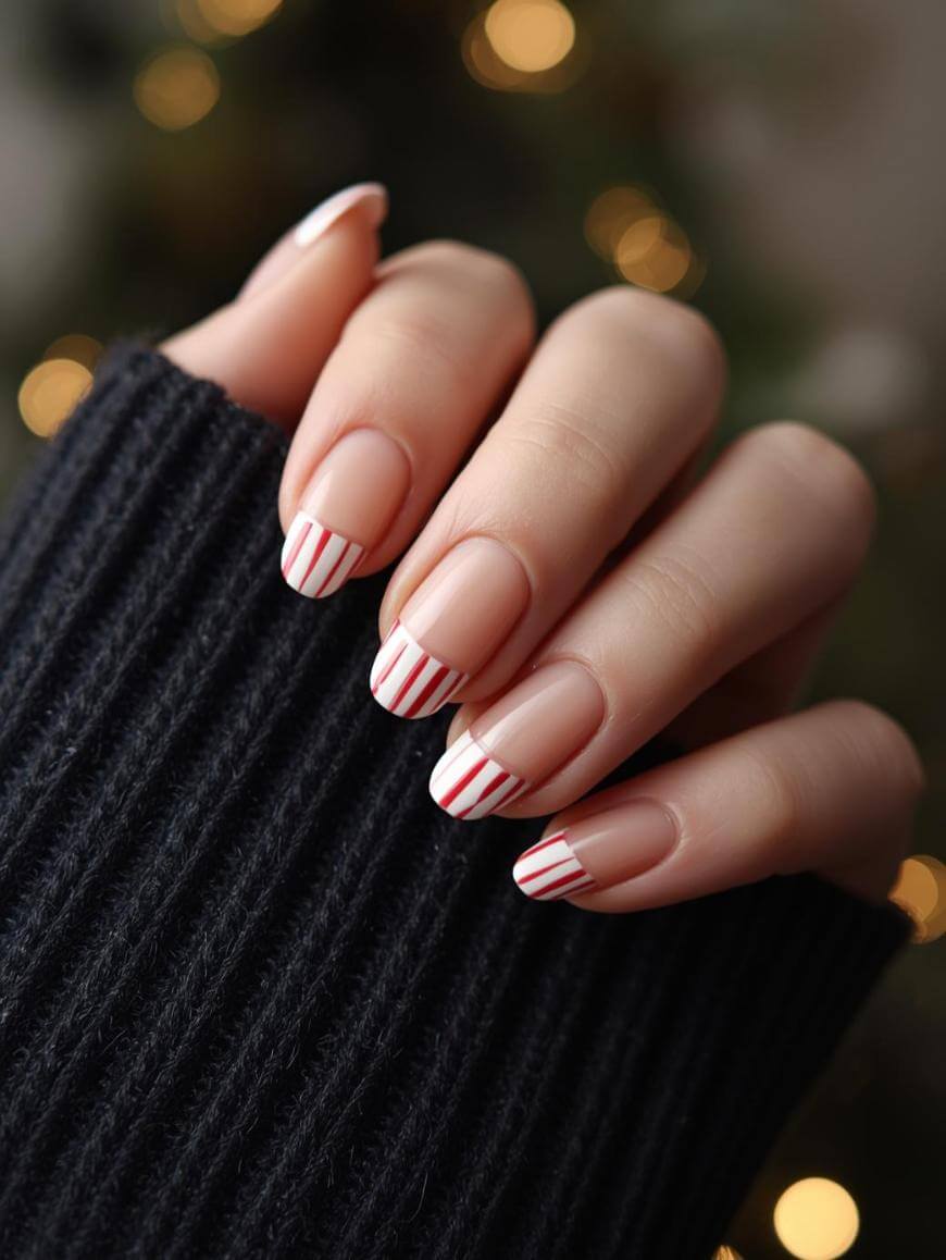 A hand with neatly manicured nails featuring a candy cane-inspired design of red and white vertical stripes, partially covered by a black ribbed sweater. Warm, blurred lights are in the background.