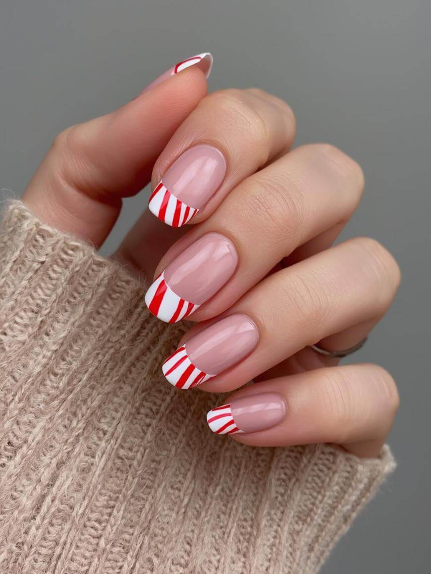 A hand with long, almond-shaped nails, each featuring red and white diagonal striped tips resembling candy canes. The person is wearing a beige knit sweater, and the background is a plain gray.