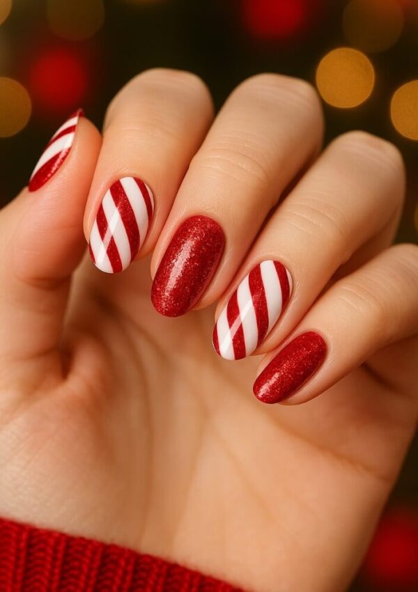 A hand with festive manicured nails; some nails are painted red with glitter, while others have red and white diagonal stripes, resembling a candy cane. The background is blurred with warm lights.