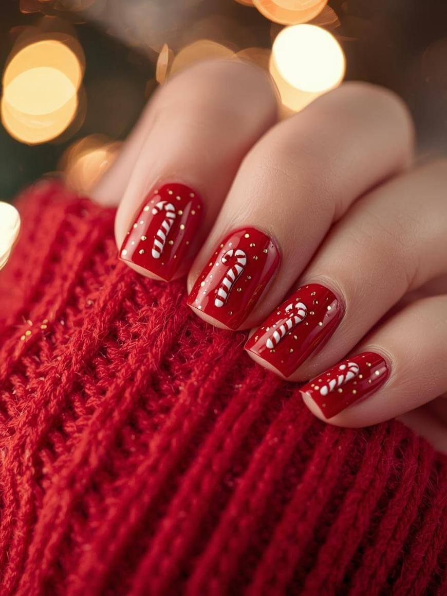 A hand with a red knit sleeve displays red fingernails decorated with white candy cane designs and small dots, in front of blurred warm lights.