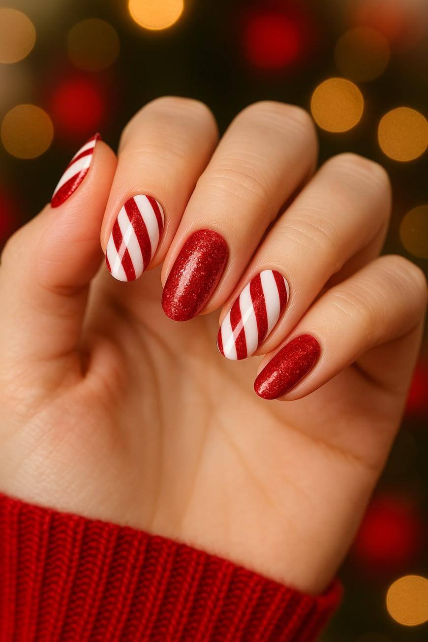 A hand with almond-shaped nails painted red and white; some nails have candy cane-style diagonal stripes, while others are glittery red. The person is wearing a red sweater and there are blurred festive lights in the background.