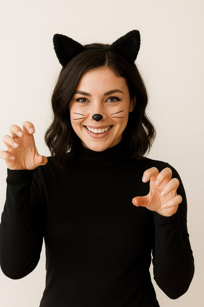 A woman wearing black cat ears, a black top, and cat makeup with painted whiskers and nose, smiles and raises her hands like claws, posing playfully against a plain light background.