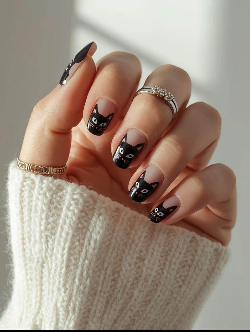 A hand with manicured nails featuring black cat face nail art, wearing delicate silver rings and a cream knit sweater.