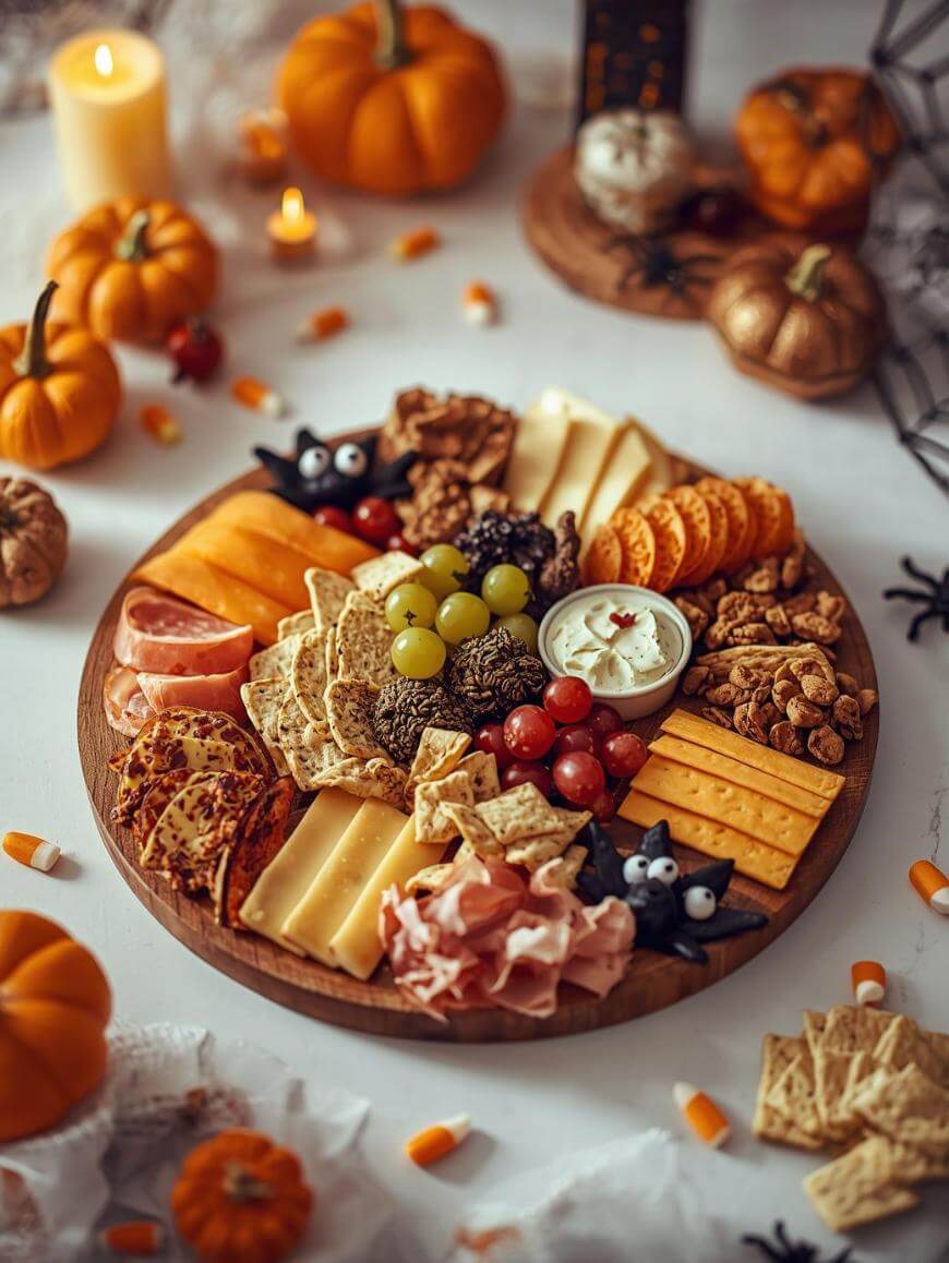 A round wooden platter with assorted cheeses, crackers, grapes, meats, dip, and Halloween-themed decorations, surrounded by mini pumpkins, candles, candy corn, and spider decorations on a white surface.