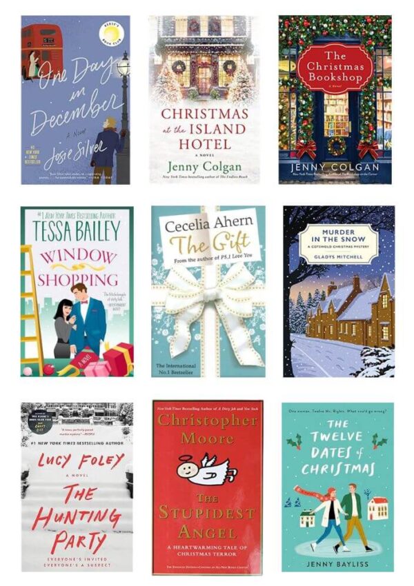 A grid of nine Christmas-themed book covers, featuring festive designs with snow, decorations, presents, and holiday scenes, by various authors including Josie Silver, Jenny Colgan, and Cecelia Ahern.