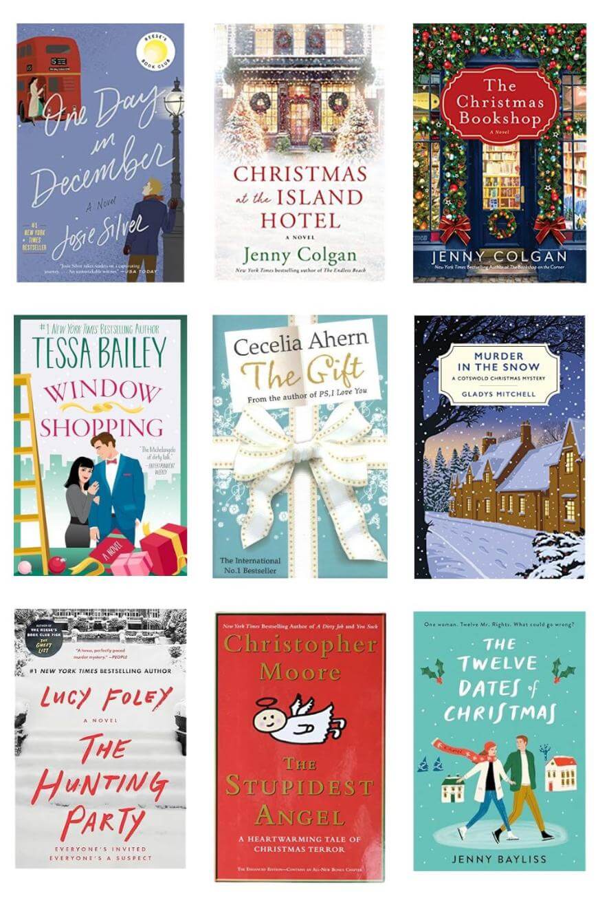 A 3x3 grid of holiday-themed book covers, featuring festive designs like snowy scenes, gifts, and decorations. Titles include “One Day in December,” “The Christmas Bookshop,” and “The Twelve Dates of Christmas.”.