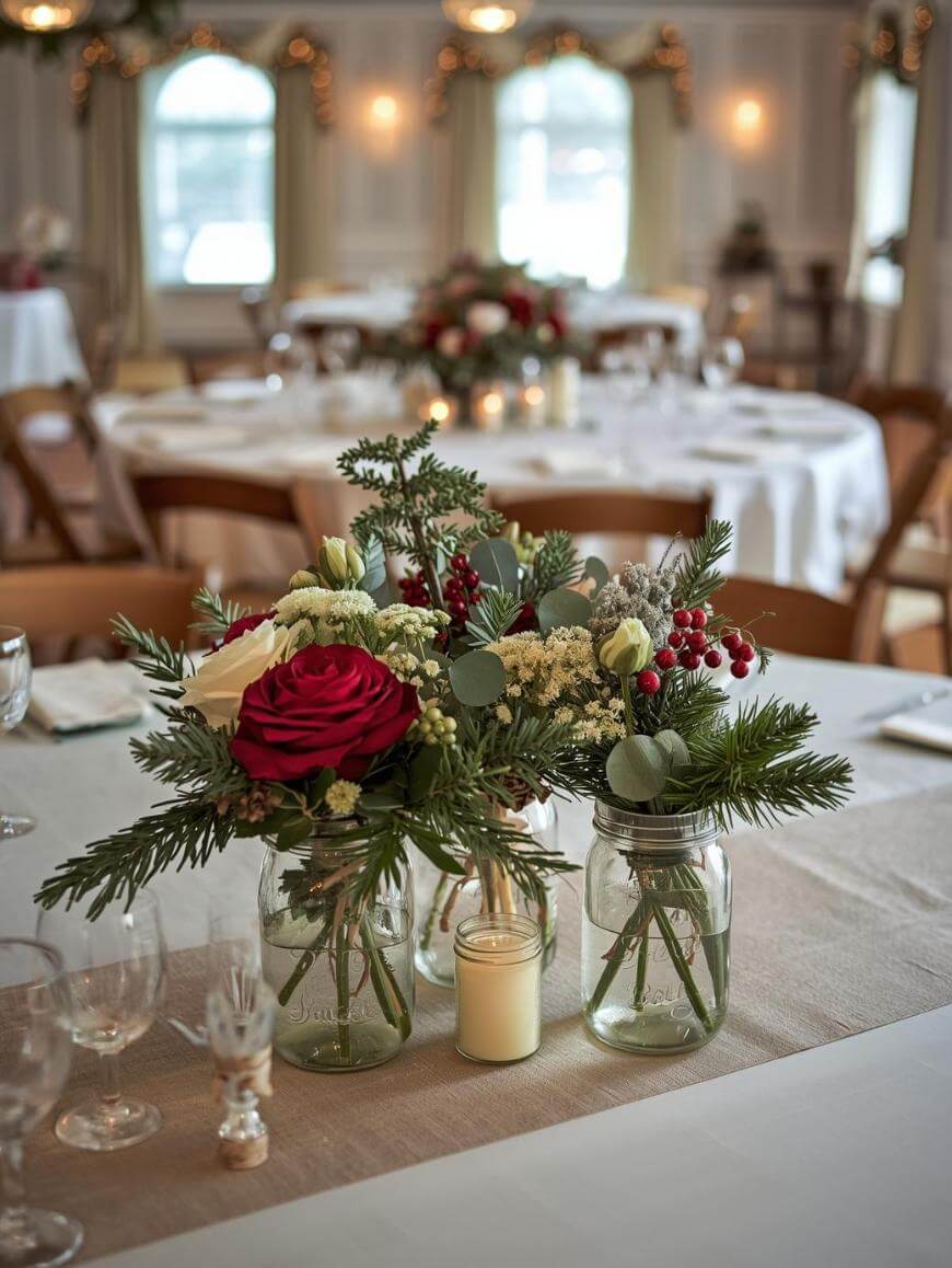 Mason jars filled with red and white flowers, greenery, and berries serve as centerpieces on a table set for an event, with candles and decorated tables visible in the softly lit background.