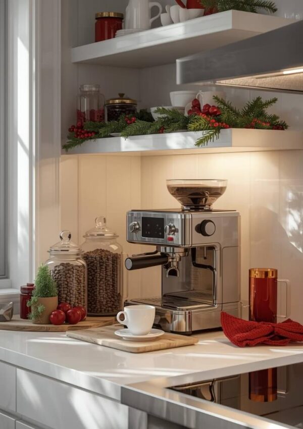 A modern espresso machine sits on a kitchen counter, surrounded by a cup, saucer, mason jars of coffee beans, a red towel, apples, and festive holiday greenery with red berries on the shelves above.