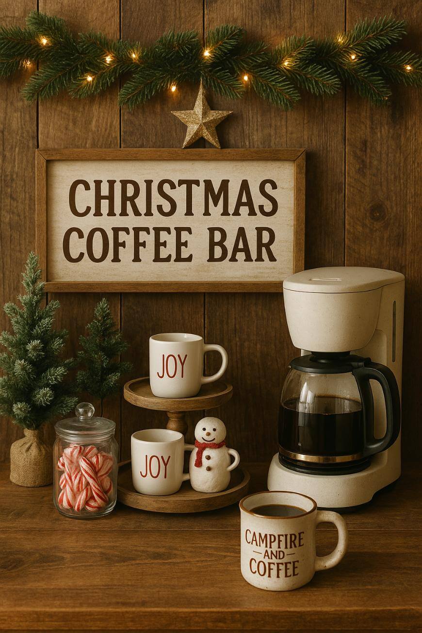 A cozy Christmas coffee bar setup with a coffee maker, mugs labeled JOY and CAMPFIRE AND COFFEE, a jar of candy canes, a small snowman, mini pine trees, and a festive sign with string lights and garland.