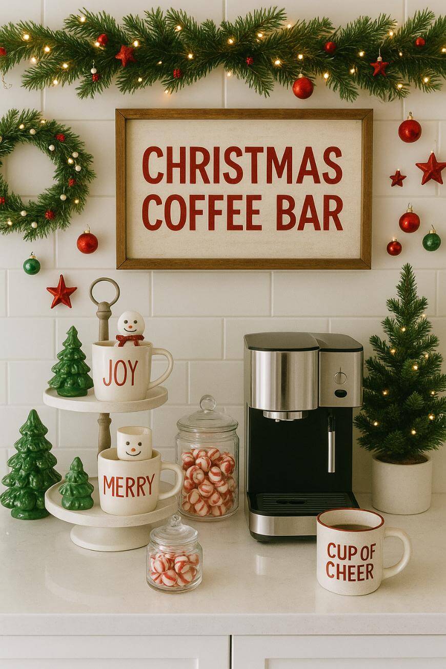 A festive coffee bar with a Christmas Coffee Bar sign, mugs labeled JOY, MERRY, and CUP OF CHEER, green tree decorations, a small coffee maker, jars of peppermint candies, and holiday garlands and ornaments.