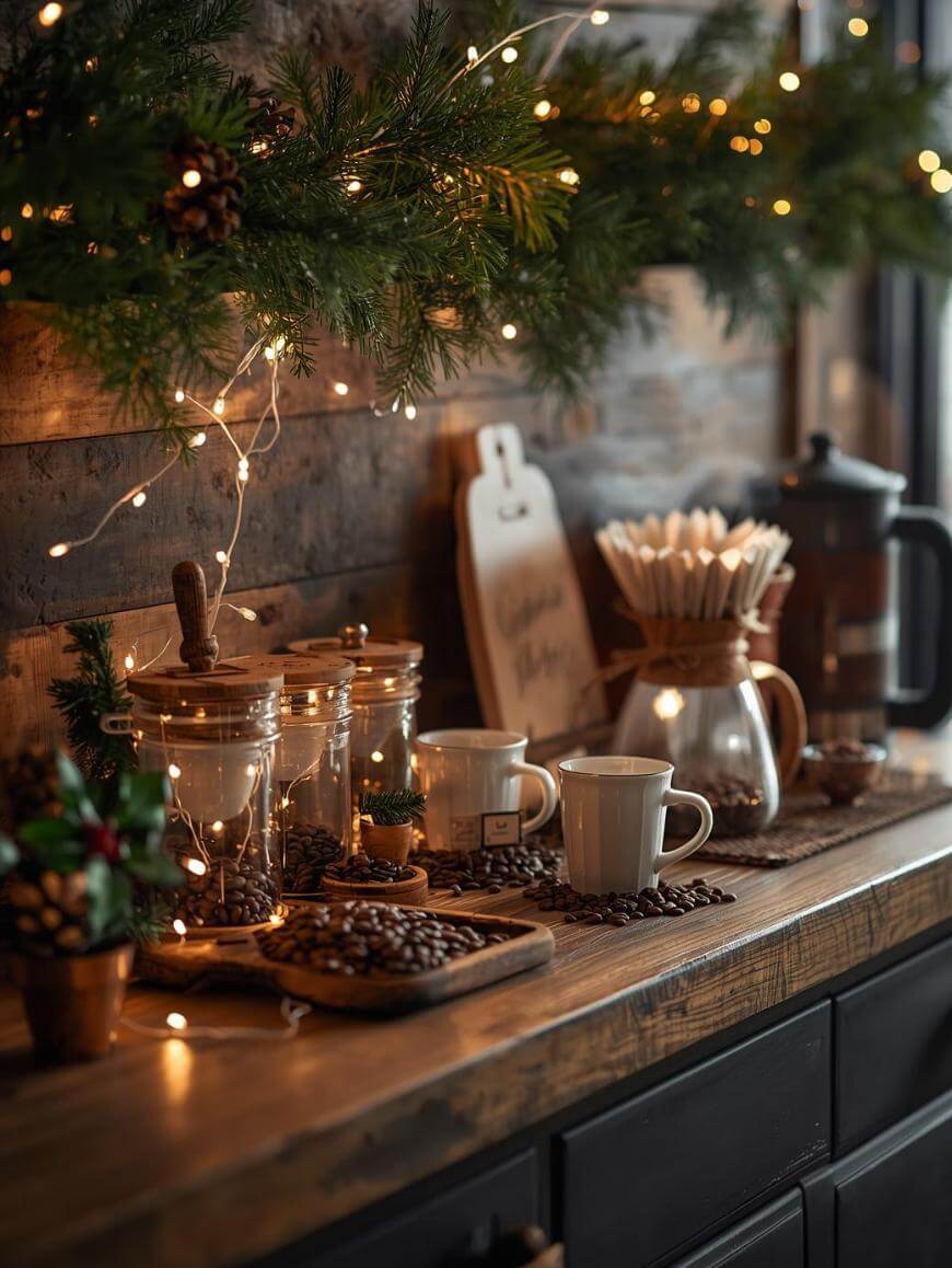 A cozy coffee station decorated with pine garlands and string lights, featuring jars of coffee beans, a French press, mugs, and wooden trays on a rustic wooden counter. Steam rises from a freshly brewed coffee pot.