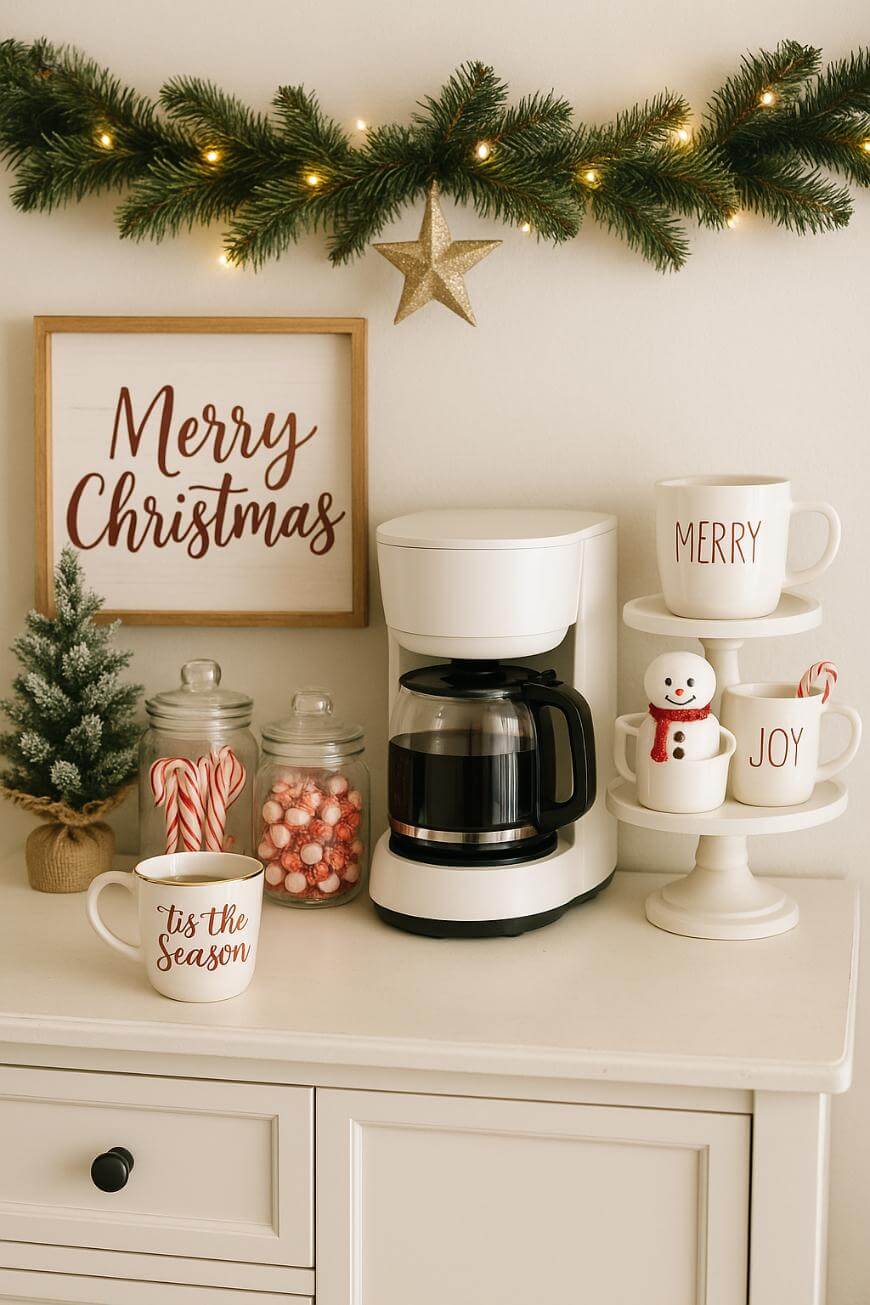 A festive coffee station with “Merry Christmas” decor, a small Christmas tree, candy jars, mugs, a coffee maker, and garland with lights and a star on the wall above, all on a white cabinet.