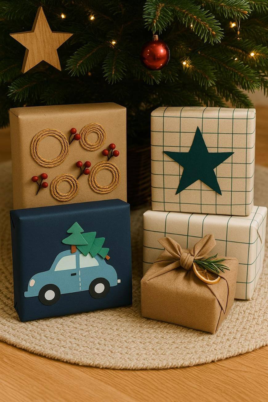 A group of wrapped presents under a tree.