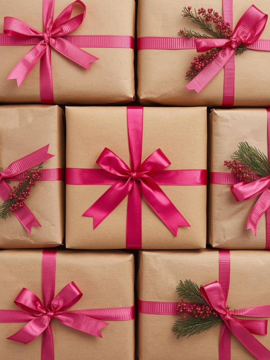 Nine brown paper gift boxes arranged in a grid, each tied with bright pink ribbon. Some boxes are decorated with small pine branches and red berries. The ribbons are tied into neat bows.