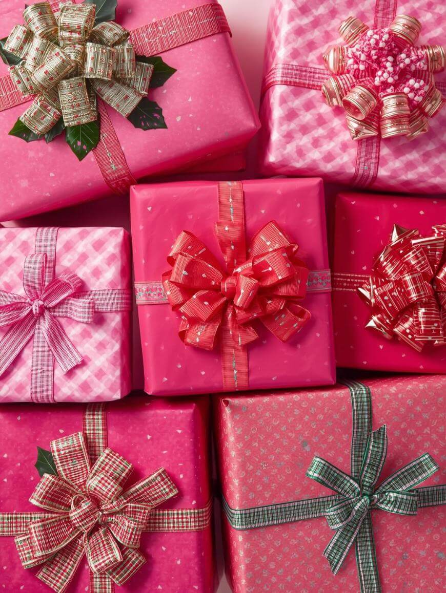 A collection of pink and red gift boxes, each wrapped with patterned paper and topped with decorative bows in various styles and coordinating colors.