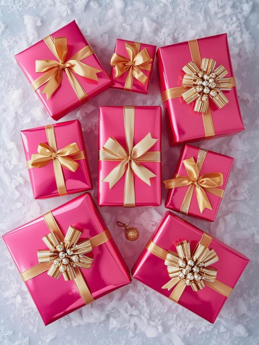 Eight pink gift boxes with shiny gold bows are arranged on a snowy white surface, along with a gold ornament. The boxes vary in size and have decorative ribbons and bows.