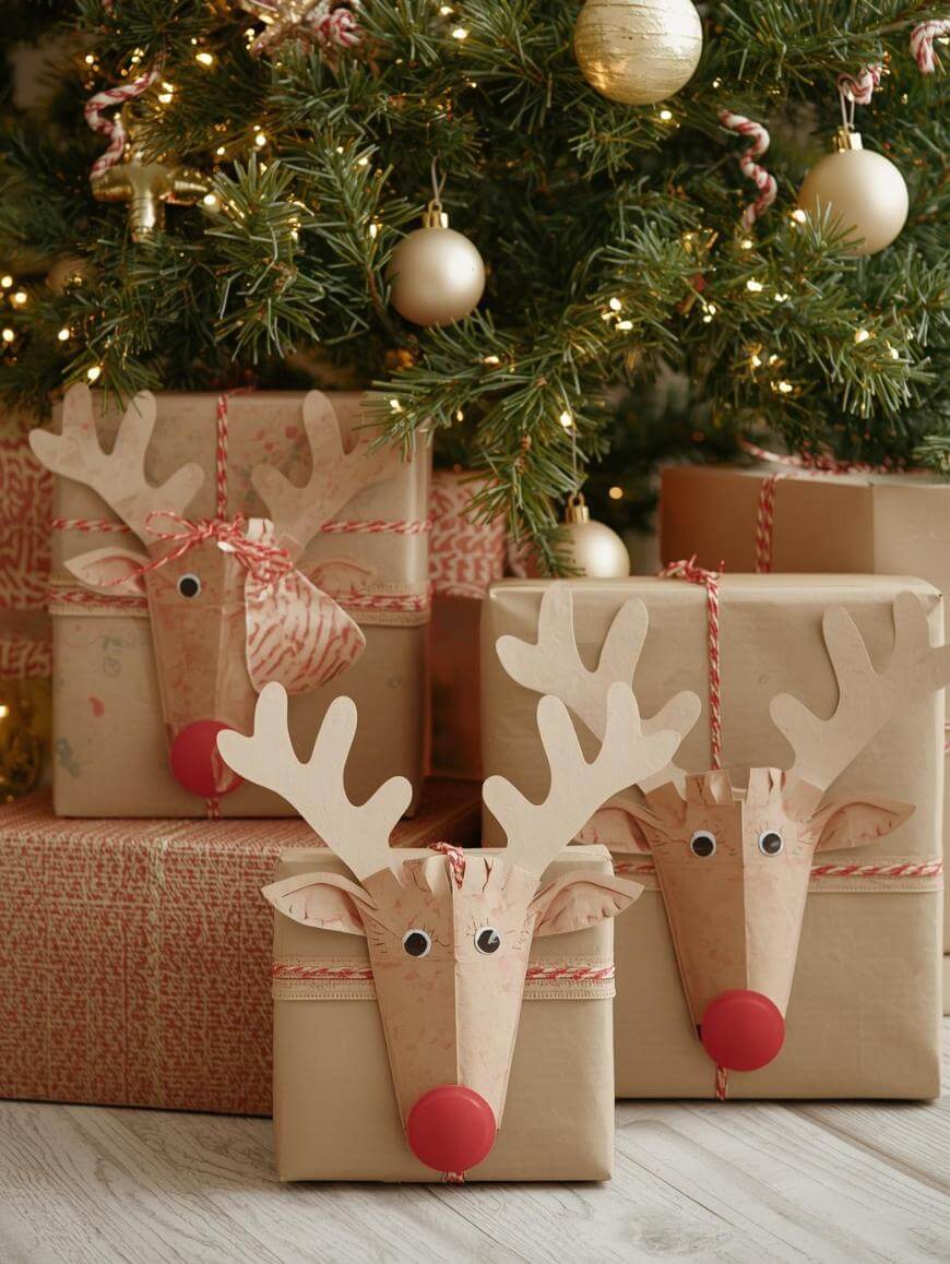 Four Christmas presents wrapped in brown paper are decorated to look like reindeer, with paper antlers, googly eyes, and red noses, placed under a Christmas tree with gold ornaments and lights.