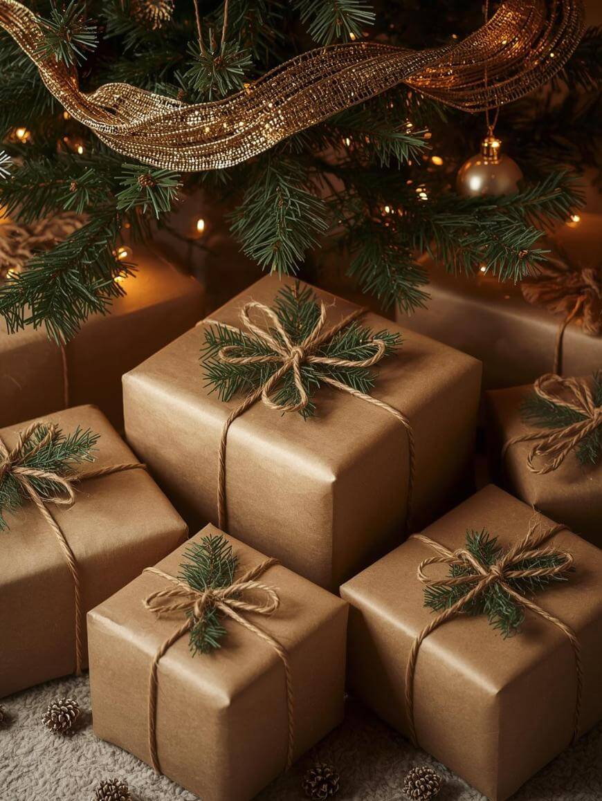 A group of presents wrapped in brown paper and twine, each decorated with a sprig of pine, sits under a Christmas tree adorned with gold ribbon and ornaments. Warm lights glow in the background.