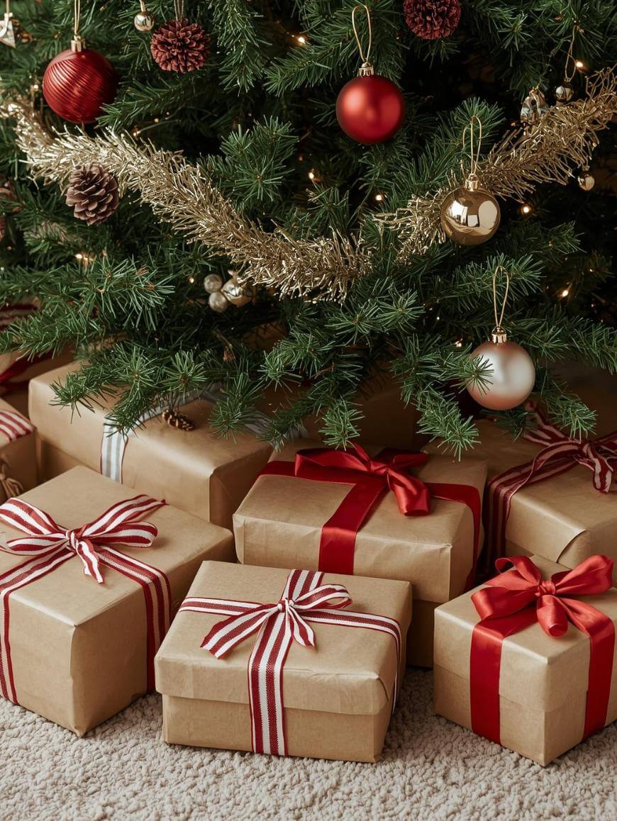 Several wrapped presents with red and white ribbons sit under a decorated Christmas tree adorned with gold garland, red and gold ornaments, and pinecones on a carpeted floor.