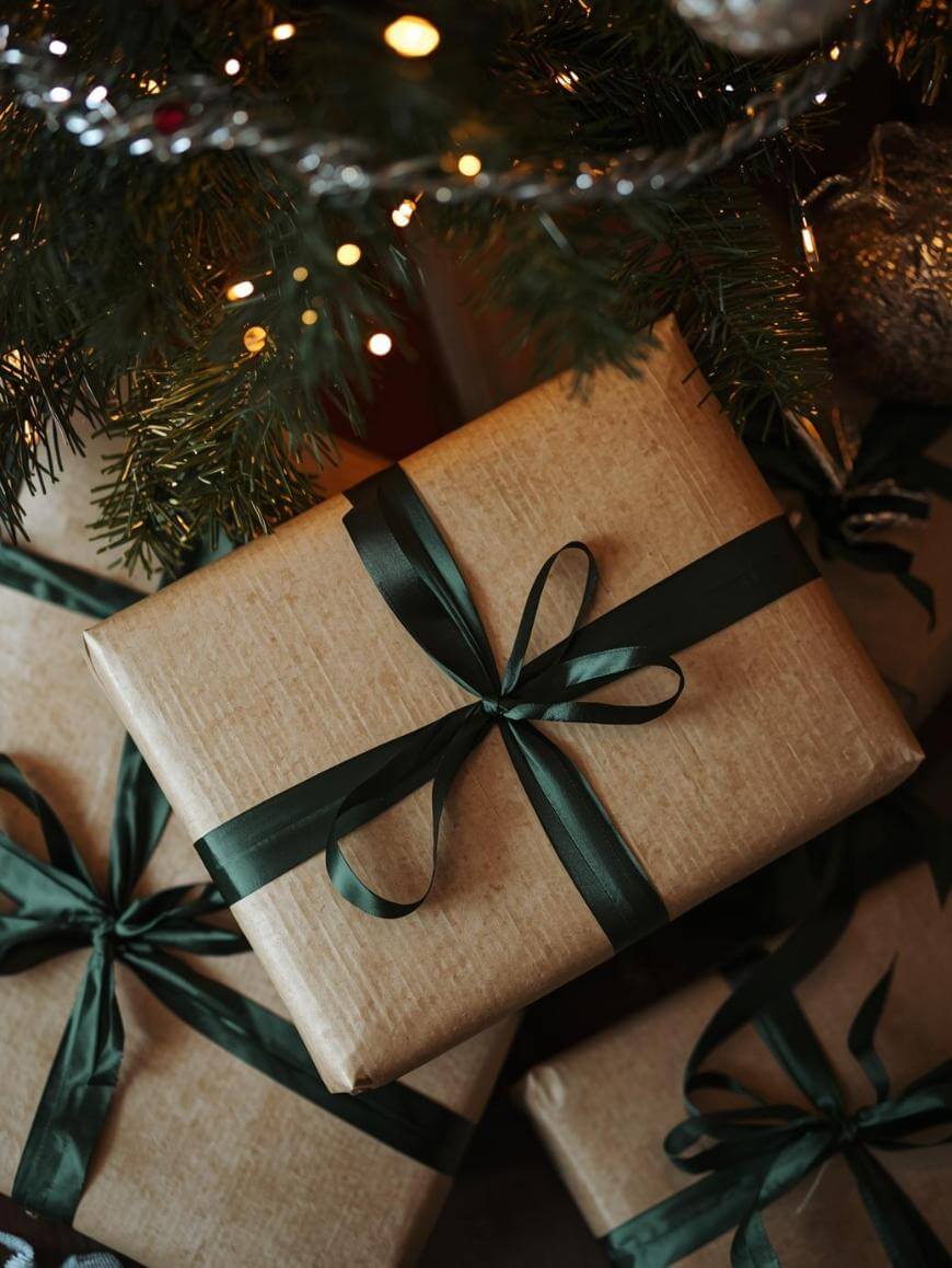Three gifts wrapped in brown paper and tied with dark green ribbons sit under a decorated Christmas tree with ornaments and twinkling lights visible among the branches above.