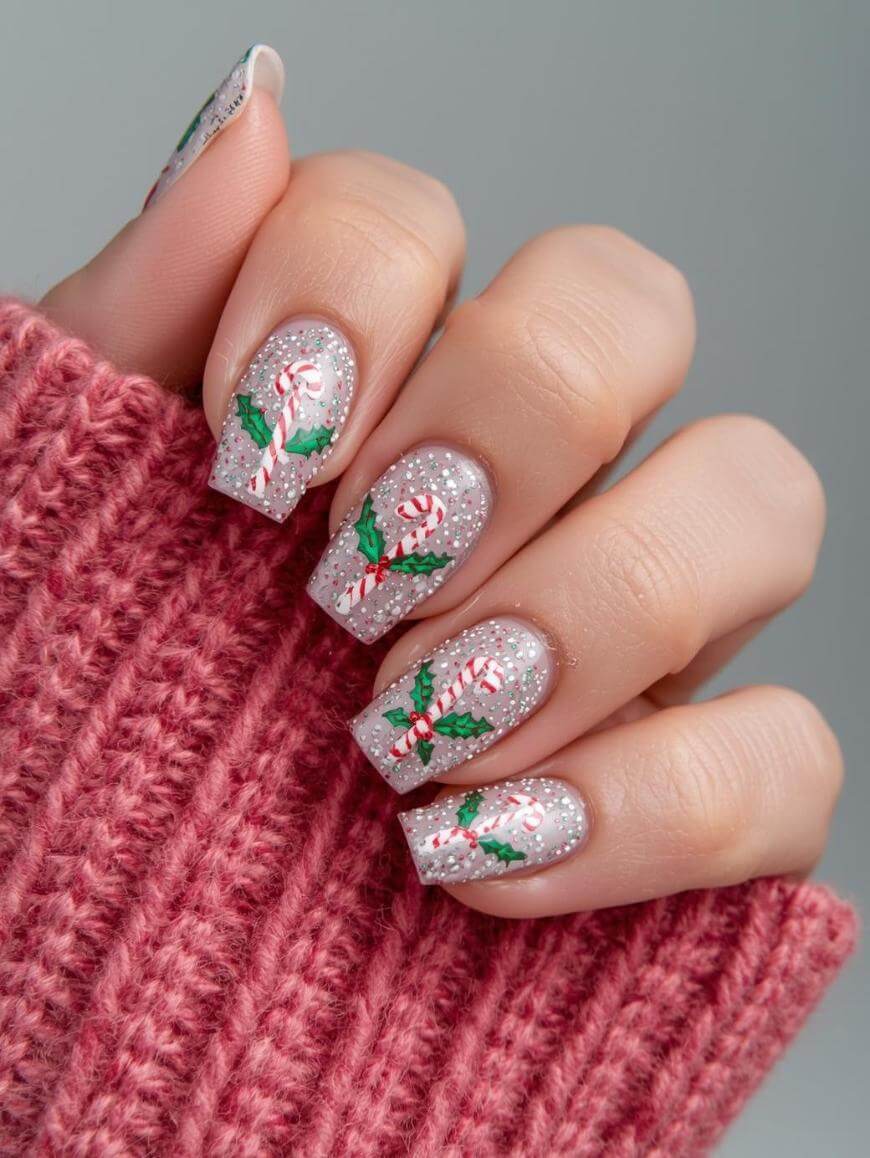A hand with square-shaped nails painted with silver glitter polish, decorated with festive holiday designs featuring candy canes, holly leaves, and red berries. The person is wearing a pink knit sweater.