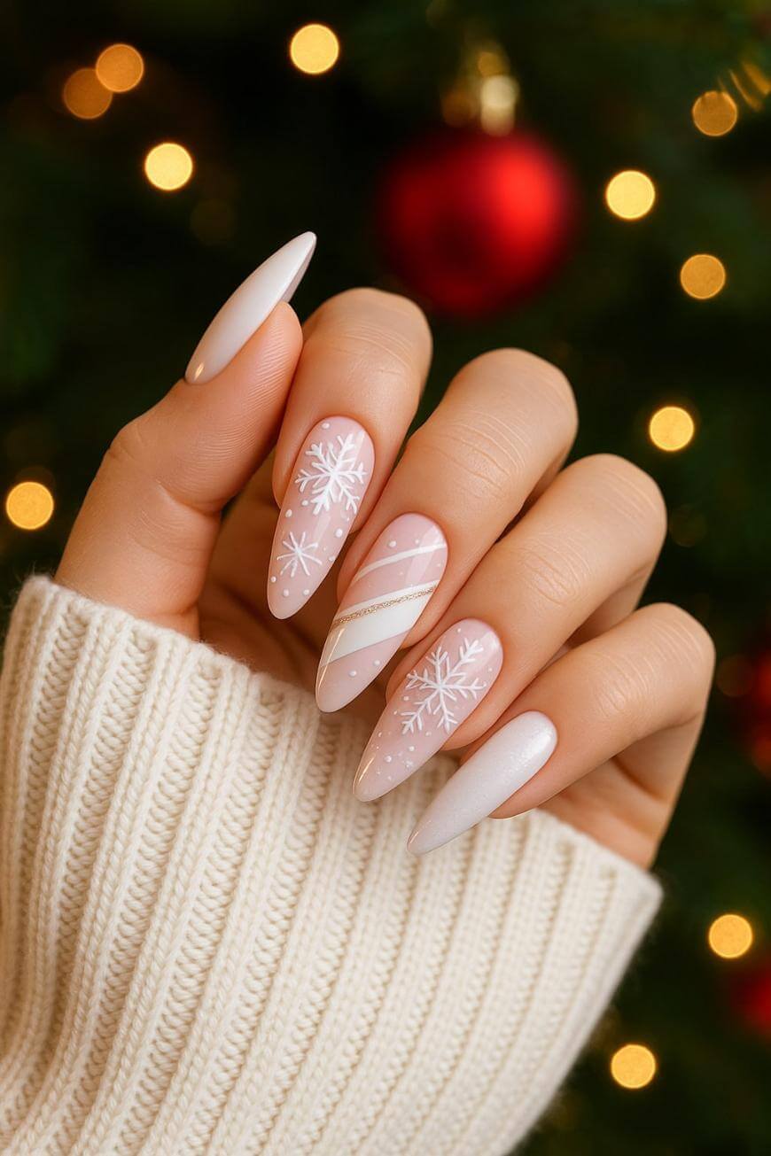 A hand with long, almond-shaped nails decorated with white snowflakes and stripes, set against a background of blurred Christmas lights and ornaments. The person is wearing a cream-colored knitted sweater.