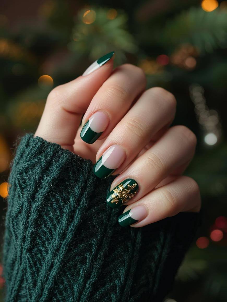 A hand with long, almond-shaped nails features dark green French tips. One nail has a gold snowflake design. The person is wearing a dark green knitted sweater, with blurred Christmas lights in the background.