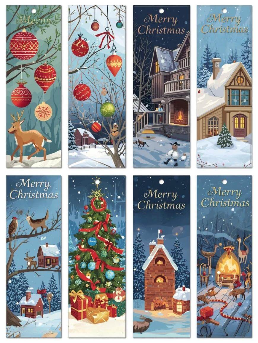 Eight festive Christmas illustrations show decorated trees, ornaments, cozy houses, snowy outdoor scenes with animals, a Christmas tree with gifts, a gingerbread house, and warm fires, each with Merry Christmas text.