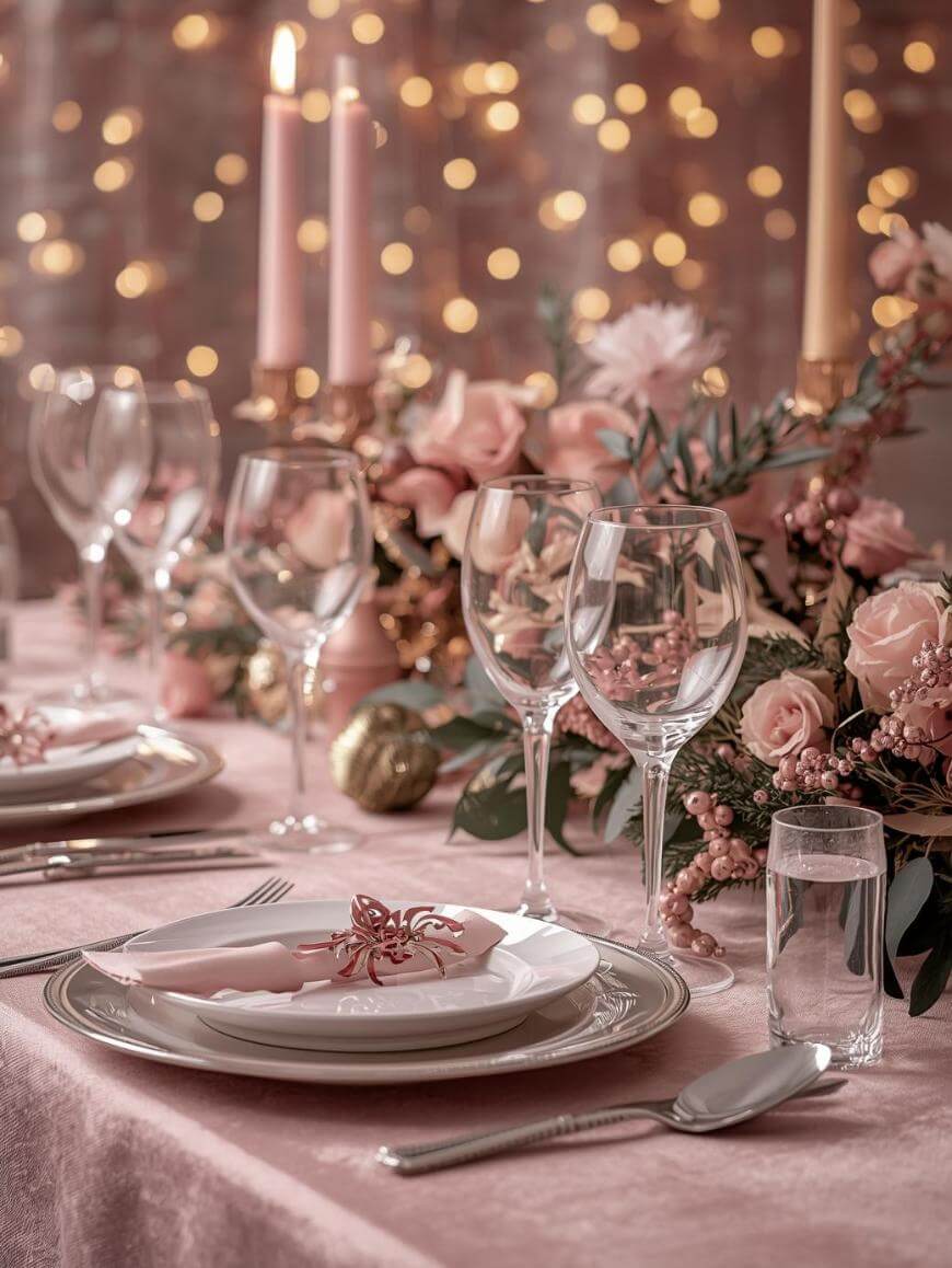 Elegant table setting with pink and gold accents, featuring plates, wine glasses, cutlery, pink napkins, candles, and a floral centerpiece. Warm lights create a soft, festive atmosphere.