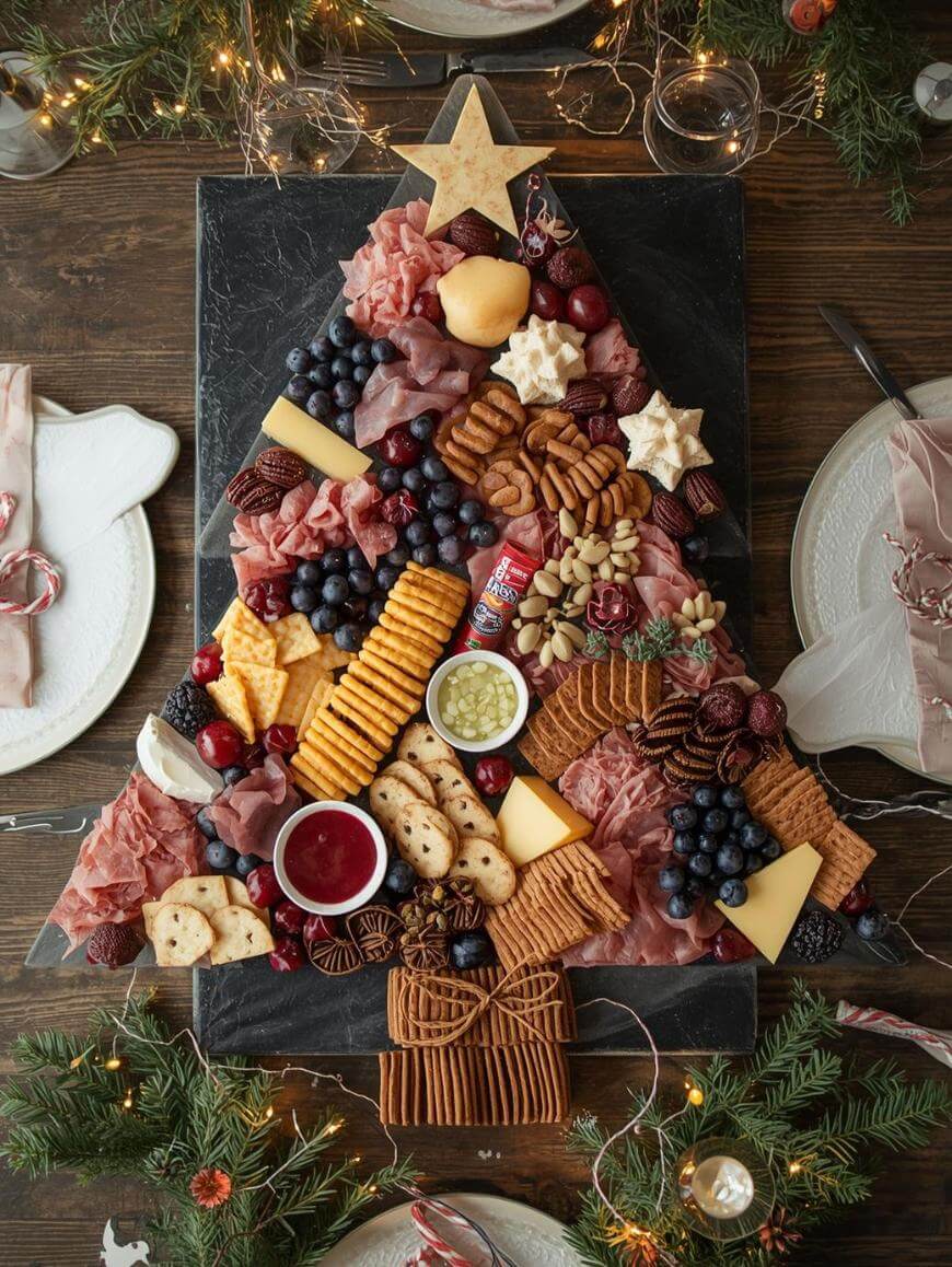 A festive charcuterie board arranged in the shape of a Christmas tree, topped with a star cracker and decorated with meats, cheeses, crackers, nuts, berries, and dips, set on a dark tray with holiday greenery and lights around.