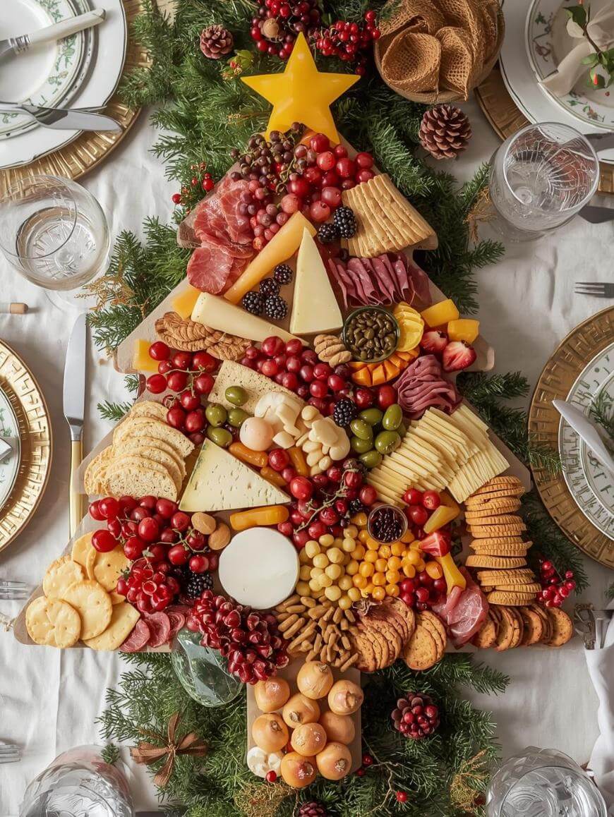 A Christmas tree-shaped charcuterie board with assorted cheeses, meats, crackers, fruits, and nuts, surrounded by evergreen branches, festive decor, and elegant table settings.