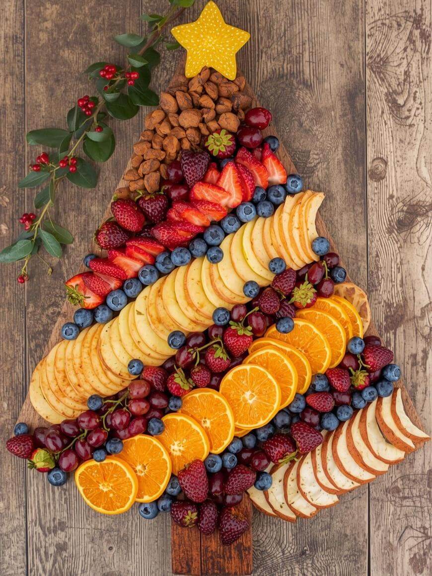 A festive fruit and cheese platter arranged in the shape of a Christmas tree, with sliced cheeses, strawberries, blueberries, grapes, orange slices, almonds, and leafy garnish, topped with a star-shaped piece on a wooden background.