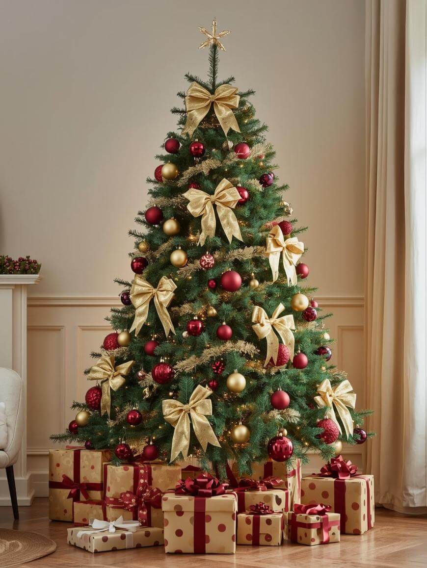 A decorated Christmas tree with gold bows, red and gold ornaments, and a star on top stands in a living room. Wrapped presents with red and gold ribbons are arranged underneath the tree.