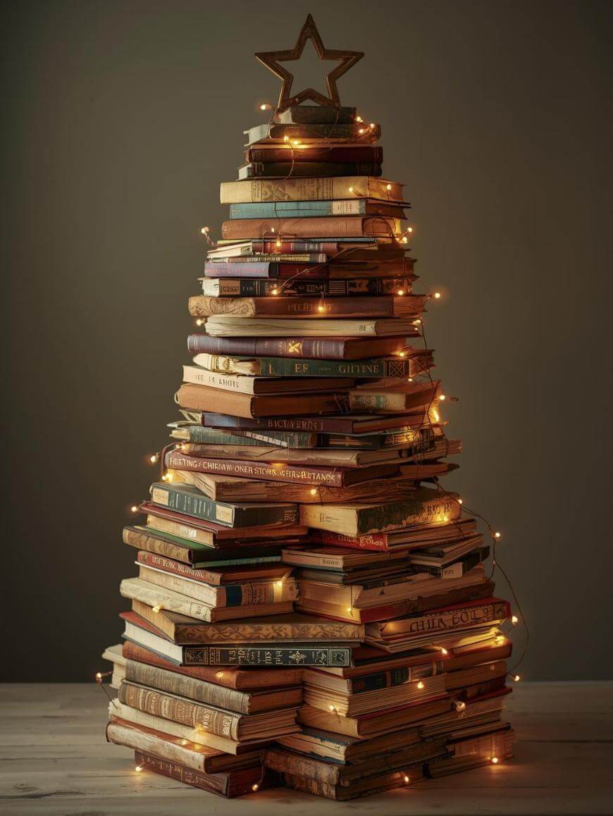 A stack of books arranged in the shape of a Christmas tree, decorated with string lights and topped with a star. The books vary in size, color, and age, creating a festive and creative holiday display.