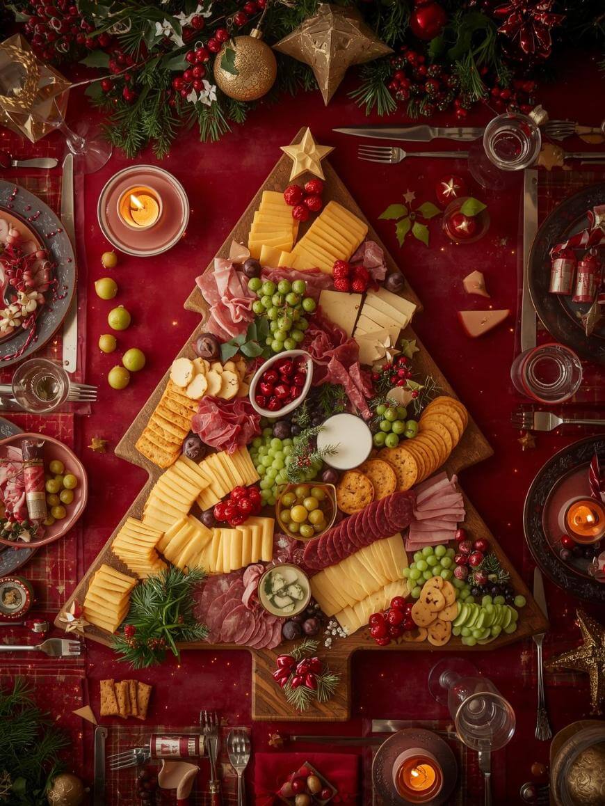 A festive charcuterie board shaped like a Christmas tree, topped with cheeses, meats, grapes, crackers, and berries, surrounded by holiday decorations, candles, and place settings on a red tablecloth.