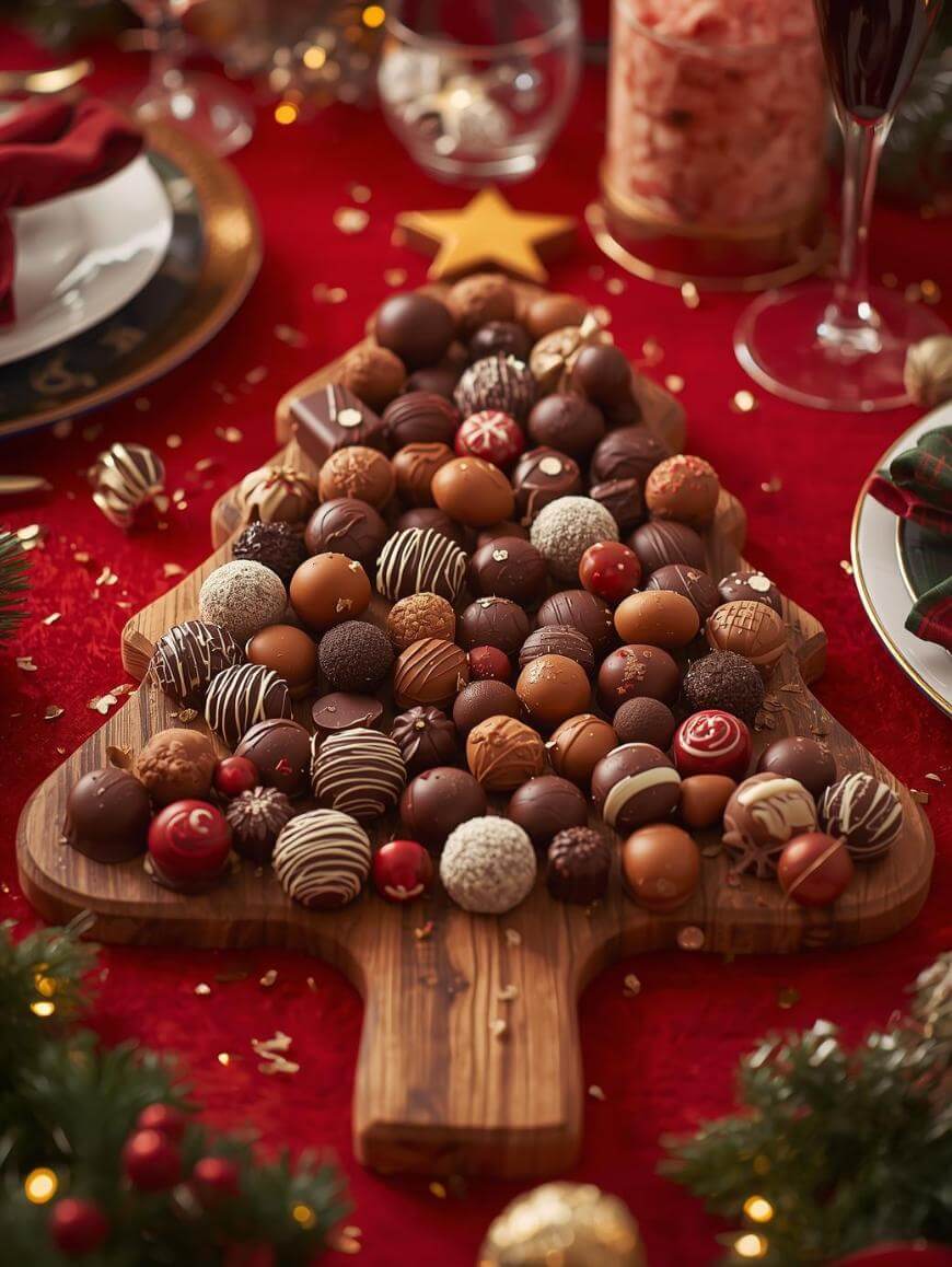 A wooden board shaped like a Christmas tree is filled with assorted chocolate truffles, displayed on a festive red tablecloth surrounded by holiday decorations, glasses, and plates.